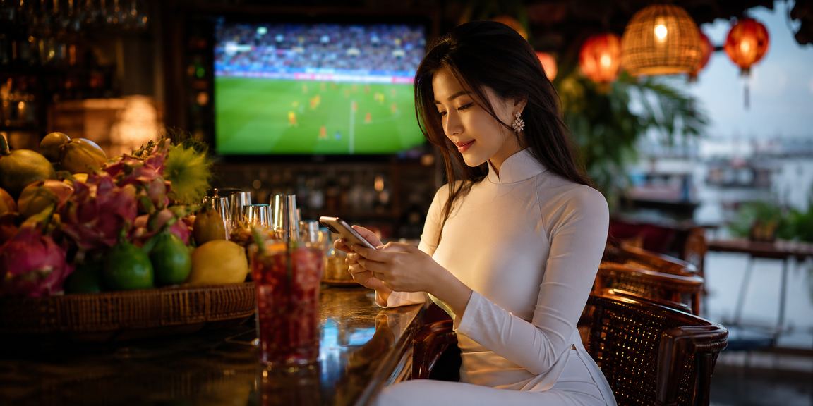 Cô gái mặc áo dài bên dòng Mekong thư giãn và trải nghiệm slot game trực tuyến trên điện thoại